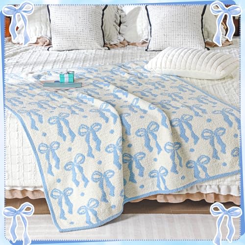Buryeah Blue Bow Blanket Soft Microfiber Double Sided Bow Throw Blanket 50"x 60" Coquette Aesthetic Plush Bedding Stuff Sofa Chair Dormitory Preppy Room Decor for Women, Wedding Bridesmaid Gifts, Mom
