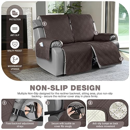 TAOCOCO 100% Waterproof Oversized Loveseat Recliner Cover, Non Slip Split Couch Covers for Reclining Loveseat with Elastic Straps for Kids Pets(Oversized 2 Seater, Chocolate)