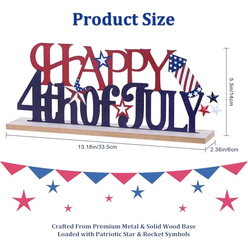 MEETYAMOR 4th of July Decorations, Metal Happy Fourth of July with Wooden Base, Patriotic Independence Day Decor for the Home, Tiered Tray, Shelf, Table, Mantel