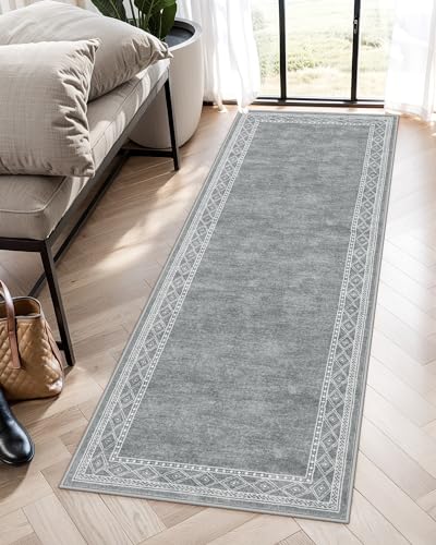 Lahome Modern Bordered Kitchen Runner Rugs Non Skid Washable, 2x6 Runners for Hallways Non Slip Ultra-Thin Hallway Rug, No Shedding Soft Carpet for Entryway Laundry Room Bedroom (2x6ft,Grey)