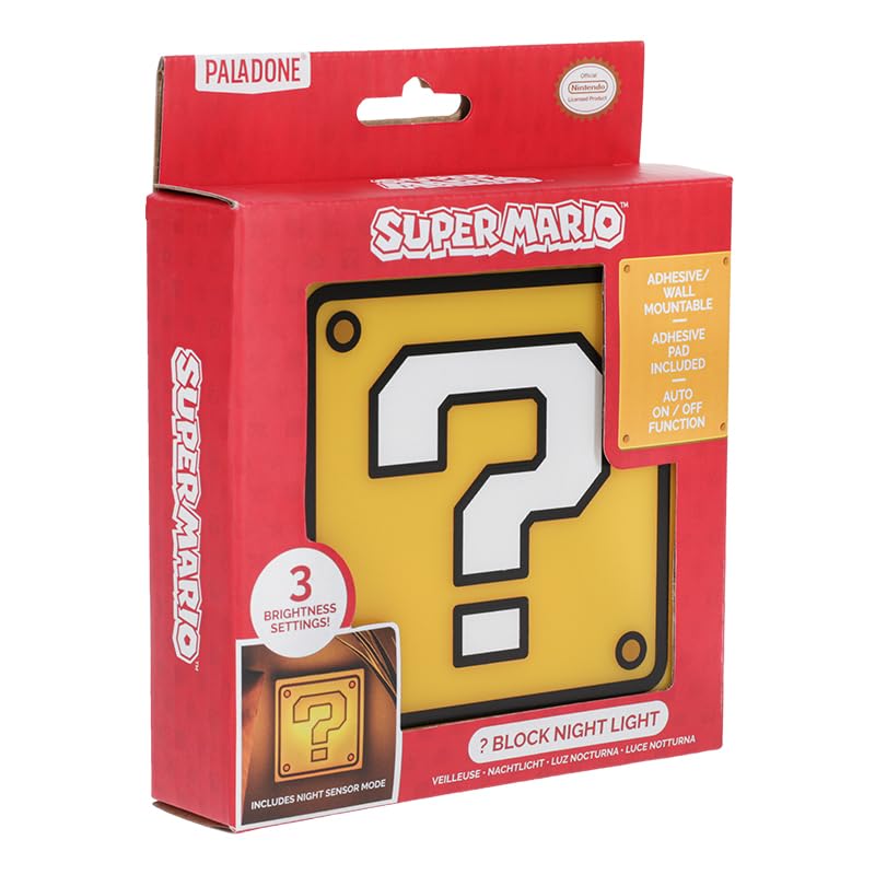 Paladone Super Mario Question Block Night Light, Auto Night Sensor & Portable with Wall Adhesive, Licensed Nintendo Box Lamp