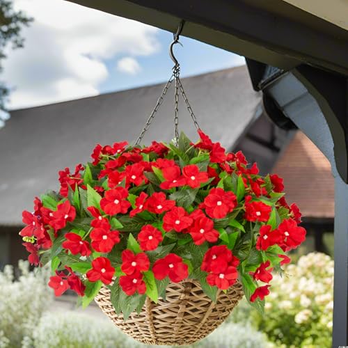 Daynight 4 Pcs Artificial Impatiens Flowers for Outdoor Flowers UV Resistant Faux Red Flowers Impatiens Bushes Silk Artificial Flowers Bouquet for Patio Garden Porch Decor (4, Red)