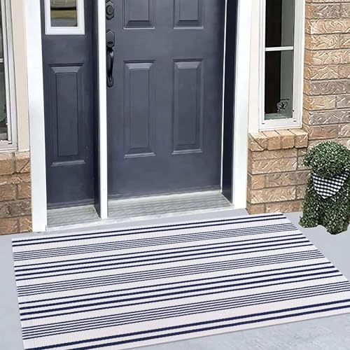 Blue and White Outdoor Rug 24'' x 51''Front Porch Rug Hand-Woven Machine Washable Indoor Layered Door Mats for Entryway/Bedroom