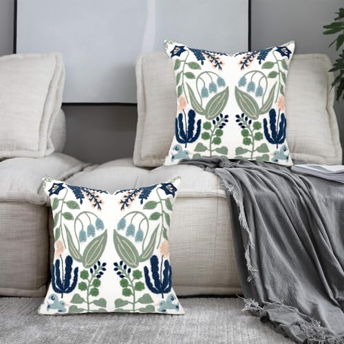 Alysheer Summer Floral Embroidered Decorative Throw Pillow Covers 18"x 18" Set of 2, Farmhouse Navy Blue Flowers Green Leaves Tufted Patterned Cotton Cushion Cases for Couch Bed Living Room Decor