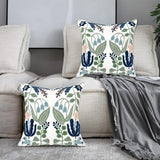 Alysheer Summer Floral Embroidered Decorative Throw Pillow Covers 18"x 18" Set of 2, Farmhouse Navy Blue Flowers Green Leaves Tufted Patterned Cotton Cushion Cases for Couch Bed Living Room Decor