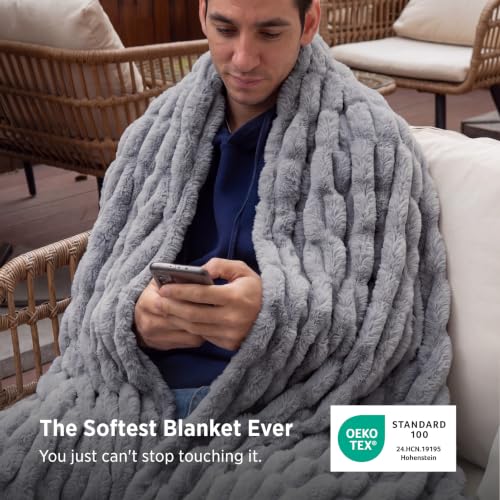 Bedsure Soft Double-Sided Faux Fur Throw XL Blanket, Silver Grey, 50"x70"
