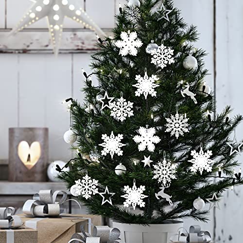 MIAHART 40 Pack Christmas White Snowflake Ornaments 4 Inch White Plastic Glitter Snowflake Ornaments for Christmas Tree Decorations Winter Wedding Xmas Party Supplies