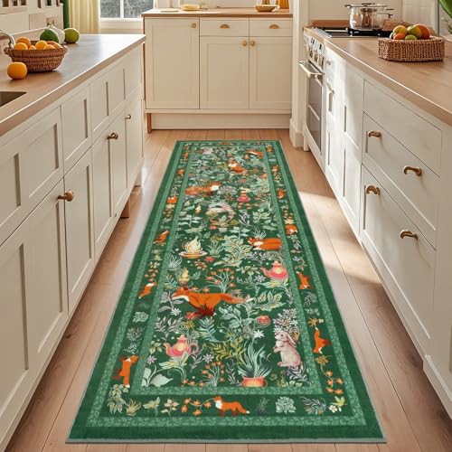 nesrt Cute Botanical Runner Rugs for Hallway 2x6ft, Non Slip Animal Printed Kitchen Rug Washable, Soft Thin Jungle Fox Bedside Runners, Woodland Accent Floor Carpet for Bedroom Hall Bathroom (Green)