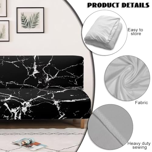 Black Marble Futon Covers Slipcover Full Size Furniture Protector Indoor Armless Sofa Slipcover with Elastic Bottom Soft Home Decor Pet Protection