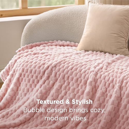Bedsure Pink Throw Blanket for Couch - 350GSM Fluffy Plush Bubble Blanket for Bed Home Room Decor, GentleSoft Cute Fleece Soft Cozy Gifts for Women Girls, 50x60 Inches