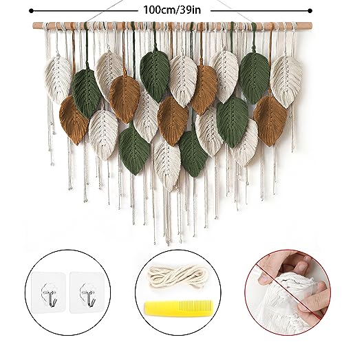 KHOYIME Large Macrame Wall Hanging Boho Woven Tapestry, Chic Home Decor Modern Bohemian Handmade Leaf Feather Wall Art Decorations for Apartment Dorm Living Room Bedroom Nursery Backdrop 39"W X 29.5"L
