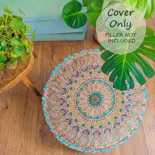 Mandala Life ART Moroccan Large Floor Pillow Cover with Tassels and Ponpon Bedroom Décor Round Pouf Ottoman Boho Chic Seating Area Beanbag