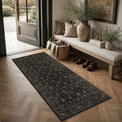 2x5 Black Gold Vintage Floral Low Pile Non Slip Washable Runner Rug