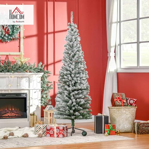 HOMOM 6ft Flocked Christmas Tree, Pencil Artificial Xmas Tree with Faux Snow, Dense Branches, Foldable Metal Base for Indoor Holiday Decor