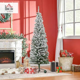 HOMOM 6ft Flocked Christmas Tree, Pencil Artificial Xmas Tree with Faux Snow, Dense Branches, Foldable Metal Base for Indoor Holiday Decor