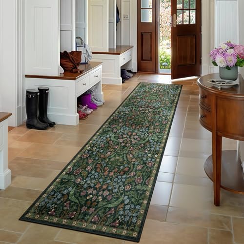 2.6x8 Washable Runner Rug Green Boho Floral for Hallway Kitchen Bedroom