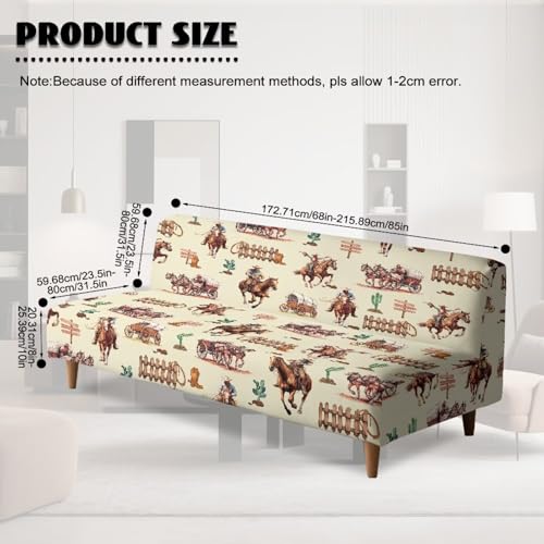 Suobstales Horse Cactus Cowboy Pattern Futon Slipcover Armless Sofa Cover Stretch Furniture Protector for Foldable Couch Bed with Elastic Bottom for Living Dining Room