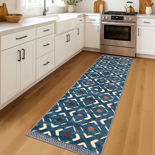 Washable Runner Rug 2x7 ft Hallway Runners Non Slip, Teal/Blue