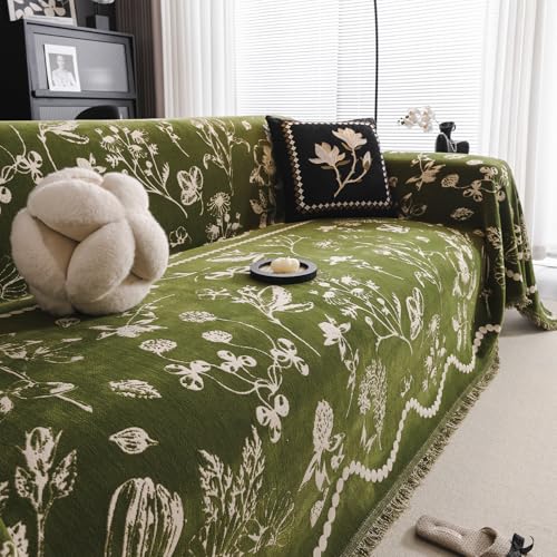 DREAMINGO Green Floral Couch Cover Farmhouse Botanical Jacquard Sofa Covers for 3 Cushion Couch Cozy Chenille Living Room Furniture Futon Sectional Sofa Slipcovers Washable, X-Large 71"x134"
