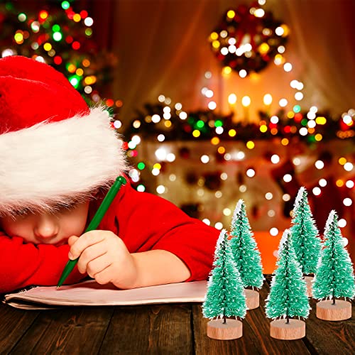 Sumind 48 Pcs Mini Brush Christmas Trees Sisal Snow Frost Tree Artificial Winter Mini Pine with Wooden Base Xmas Small Bottle Brush Trees for Christmas Winter Decoration(Green)