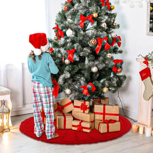 YUJUN 48 Inches Christmas Knitted Tree Skirt Decorations Xmas Large Red Chunky Cable Farmhouse Thick Rustic Tree Skirt for Merry Christmas Tree Holiday Home Party Decoration