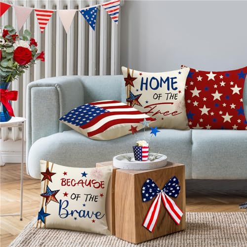 4th of July Pillow Covers 18x18 Set of 4 America Flag Stars Independence Day Decorations Home of The Free Memorial Day Patriotic Throw Cushion Case for Home Sofa Couch