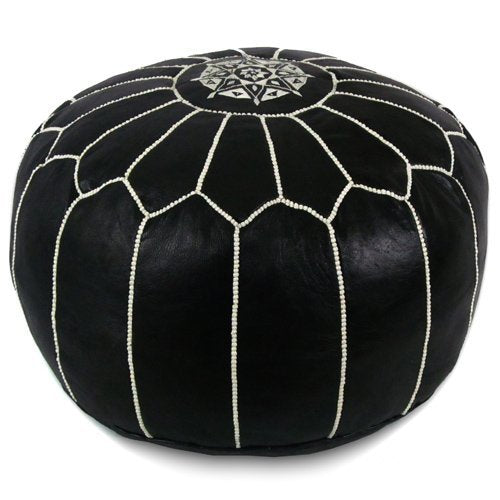 Stuffed Round Design Moroccan Leather Pouf Ottoman, Handmade, Pre-Filled, 100% Genuine Leather, 13” Height x 20” Diameter, Footstool & Living Room Décor (Black with White Stitches)