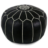 Stuffed Round Design Moroccan Leather Pouf Ottoman, Handmade, Pre-Filled, 100% Genuine Leather, 13” Height x 20” Diameter, Footstool & Living Room Décor (Black with White Stitches)