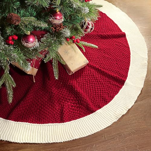 48 Inch Christmas Tree Skirt: Red Tree Skirt with White Edge, Knit Tree Skirt for 7.5FT Tree, Vintage Tree Skirts, Rustic Farmhouse Christmas Decorations