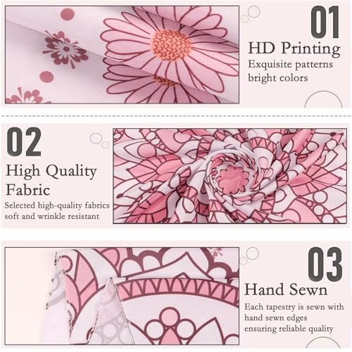 Atrippy Boho Pink Mandala Wall Tapestry for Bedroom, White and Pink Aesthetic Tapestry Room Decor for Teen Girls, Art Floral Wall Hanging for College Dorm (51''x60'')