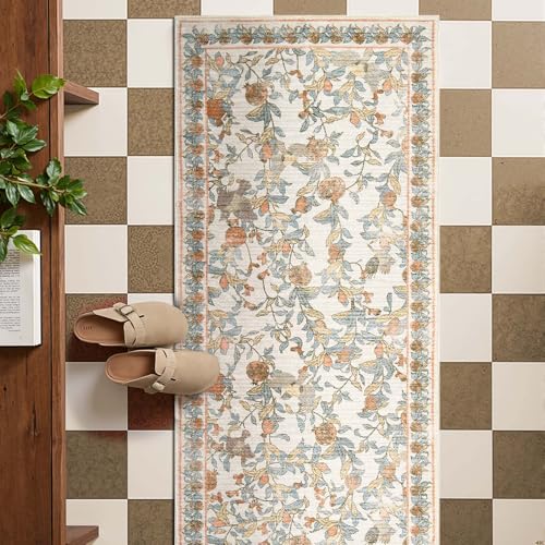 jinchan 2x5 Runner Rug Floral Vintage Washable Area Rug, Orange