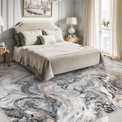PADOOR Abstract 9'x12' Area Rug, Washable Non-Slip Low Pile, Marble Grey