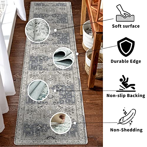 Washable 2x7 Runner Rug for Hallway: Soft Vintage Kitchen Rugs Non-Slip Rug Runner with Rubber Backing for Bathroom Entryway Low Pile Non Shedding Farmhouse Runner Rug (Grey/Blue, 2X7)
