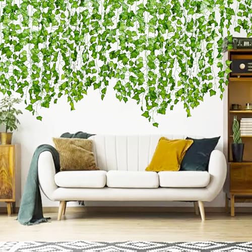 DearHouse 84 Feet 12 Strands Artificial Ivy Leaf Plants Vine Hanging Garland Fake Foliage Flowers Home Kitchen Garden Office Wedding Wall Decor, Green