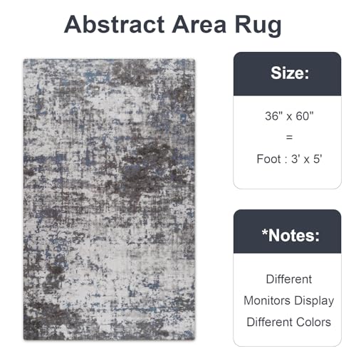 Modern Abstract 3x5 Rug, Non Slip Entryway Rug, Soft Machine Washable Rugs for Indoor Entry, Low Pile Stain Resistant Distressed Rug for Living Room, Bedroom, Dark Grey Blue