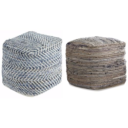 Signature Design Ashley Chevron Handmade Woven Denim Pouf and Decorative Pouf Bundle, Blue and White