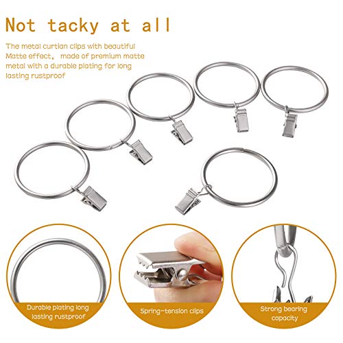 Lansian 20pcs Rustproof Drapery Matte Stainless Steel Metal Curtain Rings with Clips,Tension Curtain Hangers Clips, Decorative Curtain Rod Window, Matte Silver (1" Interior Diameter)