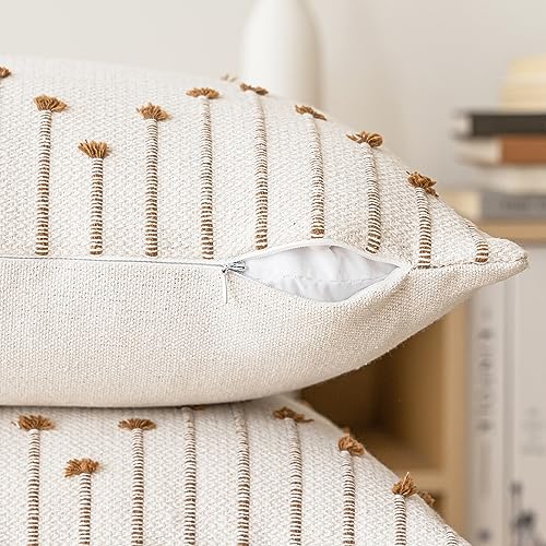 LILEPOY Boho Throw Pillow Covers 18x18 Set of 2 Neutral Decorative Textured Cushion Case Farmhouse Pillowcase Modern Square Pillow Covers for Sofa,Couch, Living Room,Beige and Brown