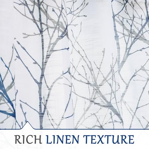FMFUNCTEX Linen Semi Sheer Curtains for Bedroom, Blue White Curtains 84 Inches Long for Living Room, Grey Tree Branch Patterned Curtain Light Filtering Farmhouse Window Drapes, Grommet Top 2 Panels