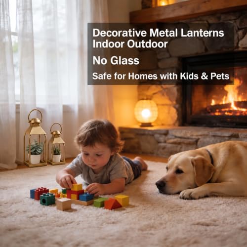 Antique Gold Decorative Metal Lanterns Indoor Outdoor Set of 2