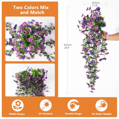 Artificial Hanging Flowers for Outdoors, 2 Pcs Fake Hanging Plants Spring Summer Decor, UV Resistant No Fade Faux Silk Daisy Flower for Planters Front Door Porch Patio Yard Garden(Double Purple)