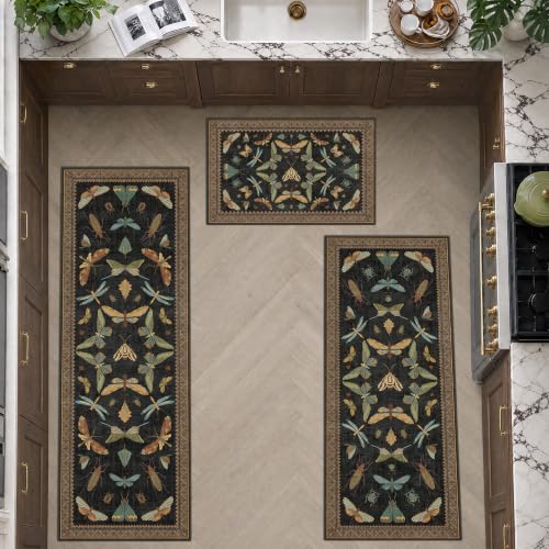 JTJ 3 Piece Kitchen Rug Set with Runner, Washable Vintage Insect, Black