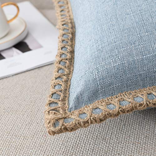 NordECO HOME Set of 2 Farmhouse Throw Pillow Covers - Burlap Linen Trimmed Tailored Edges Decorative Cushion Covers for Bed Home Decoration, 18 x 18, Blue