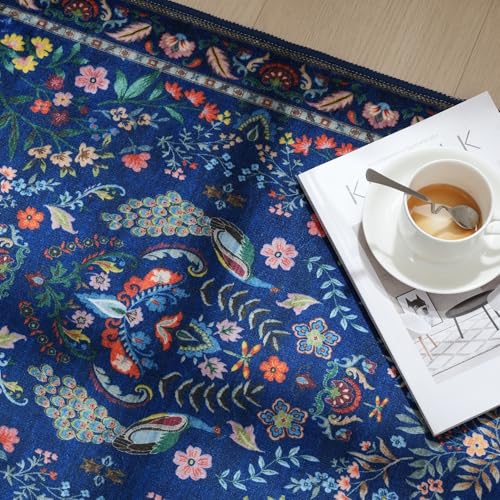 Rugcomf Round Area Rug 4ft Floral Washable Non Slip, Blue