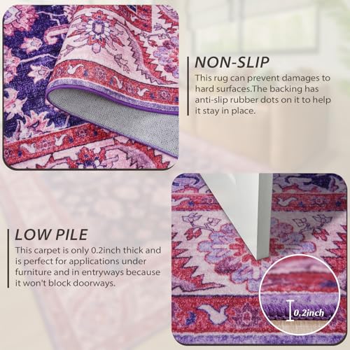 Purple Area Rugs for Living Room, 4x6 Washable Rugs for Bedroom, Non-Slip Retro Floral Carpet for Girls's Beside Dorm Entryway Office Kitchen Dining Room, Blue and Purple