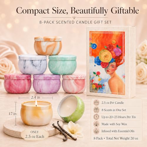 Candles, Scented Candles Gift Set for Women, 8 Pack Fruity Floral Soy Wax Aromatherapy Candles, Travel Tin Candles in Artist Gift Box, Birthday Gifts for Mom, Wife, Sister, Friend, Housewarming