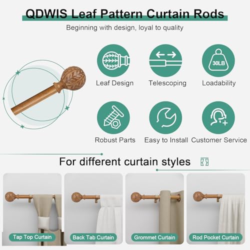 QDWIS Wood Curtain Rods for Windows 66 to 120 Inch, 1'' Adjustable Decorative Drapery Rods with Imitation Wood Grain Leaf Pattern Finials, Boho Heavy Duty Long Window Curtain Rods Set 36''-120''