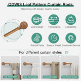QDWIS Wood Curtain Rods for Windows 66 to 120 Inch, 1'' Adjustable Decorative Drapery Rods with Imitation Wood Grain Leaf Pattern Finials, Boho Heavy Duty Long Window Curtain Rods Set 36''-120''