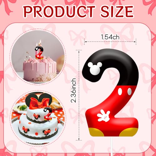 Red Black Digital Birthday Candle Number 2 Red Cartoon Mouse Themed Cake Topper Candle Party Decoration Supplies Birthday Party Cake Decoration (Number 2)