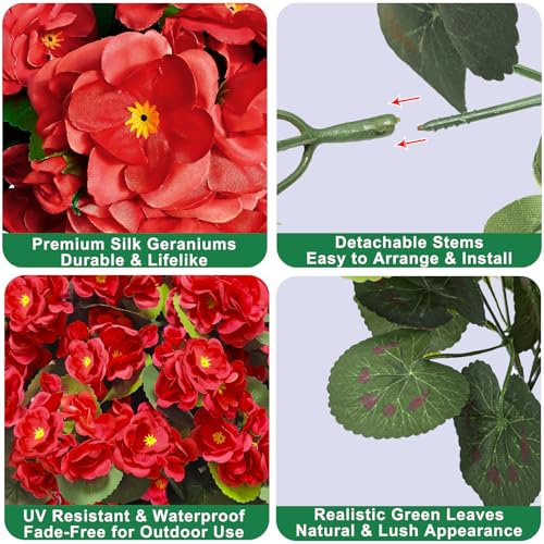 8 Bundles Artificial Geraniums Flowers for Outdoors Summer Decor, Fake Cemetery Flowers Silk Red Flower UV Resistant No Fade Faux Plants for Hanging Porch Garden Home Planter Patio Cemetery Decor
